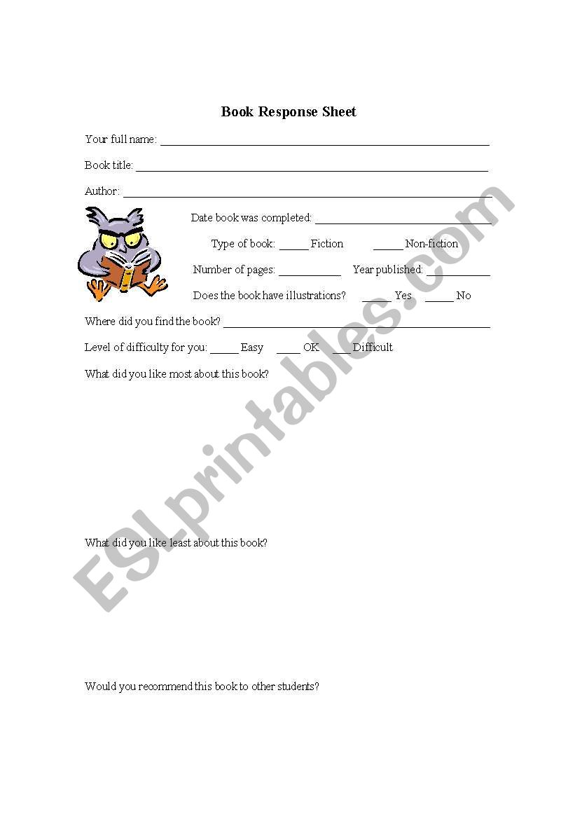 Book Response Form worksheet