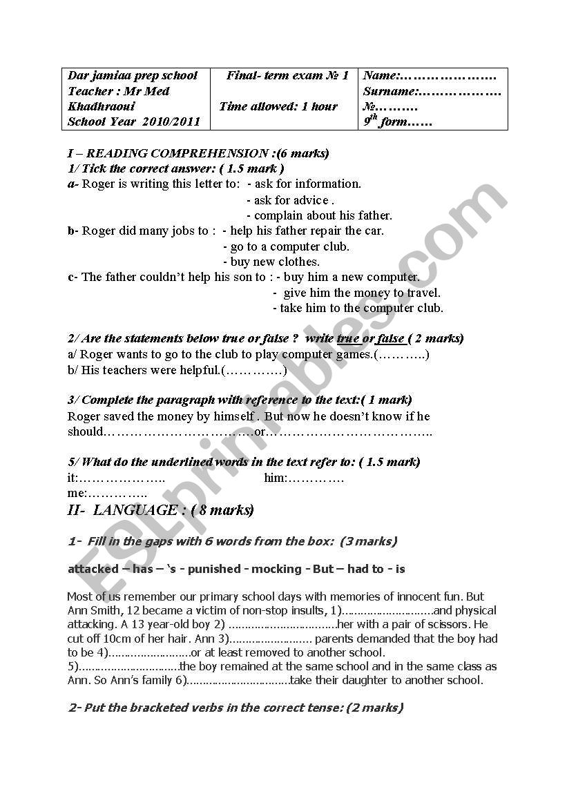 9th level exam worksheet