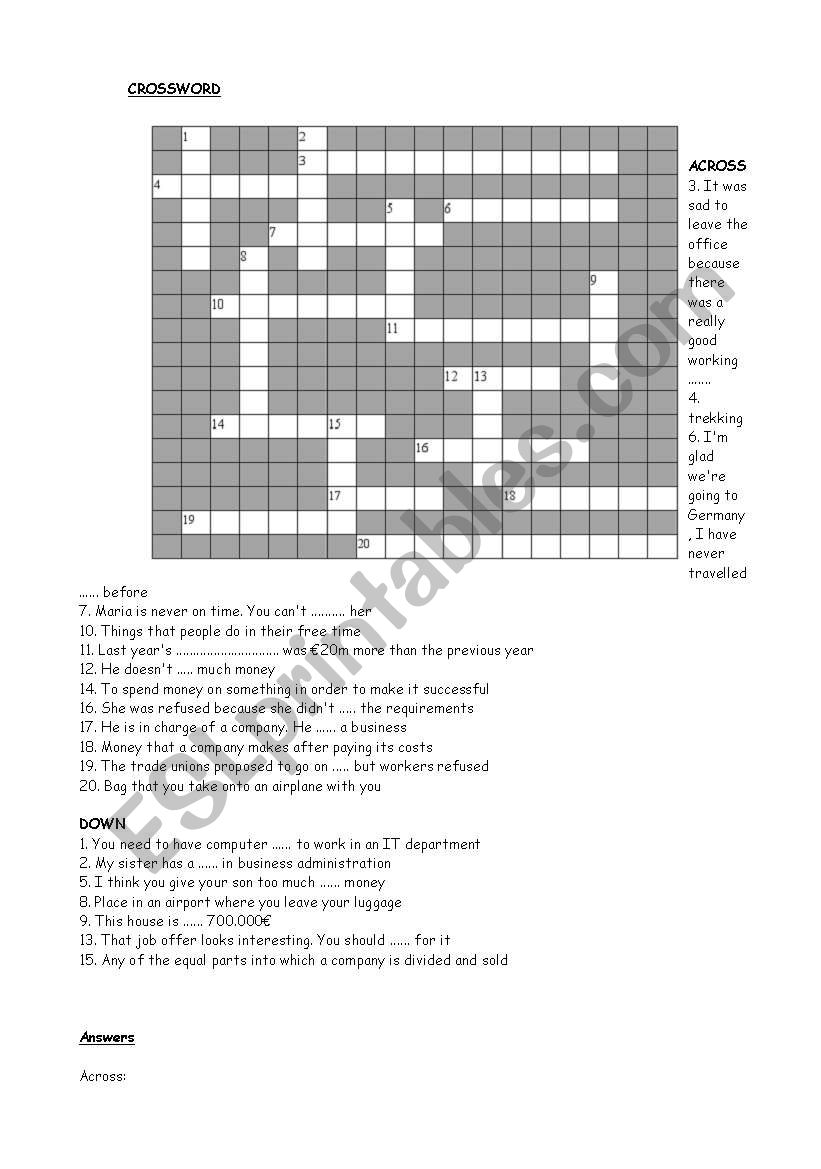 business and money crossword worksheet