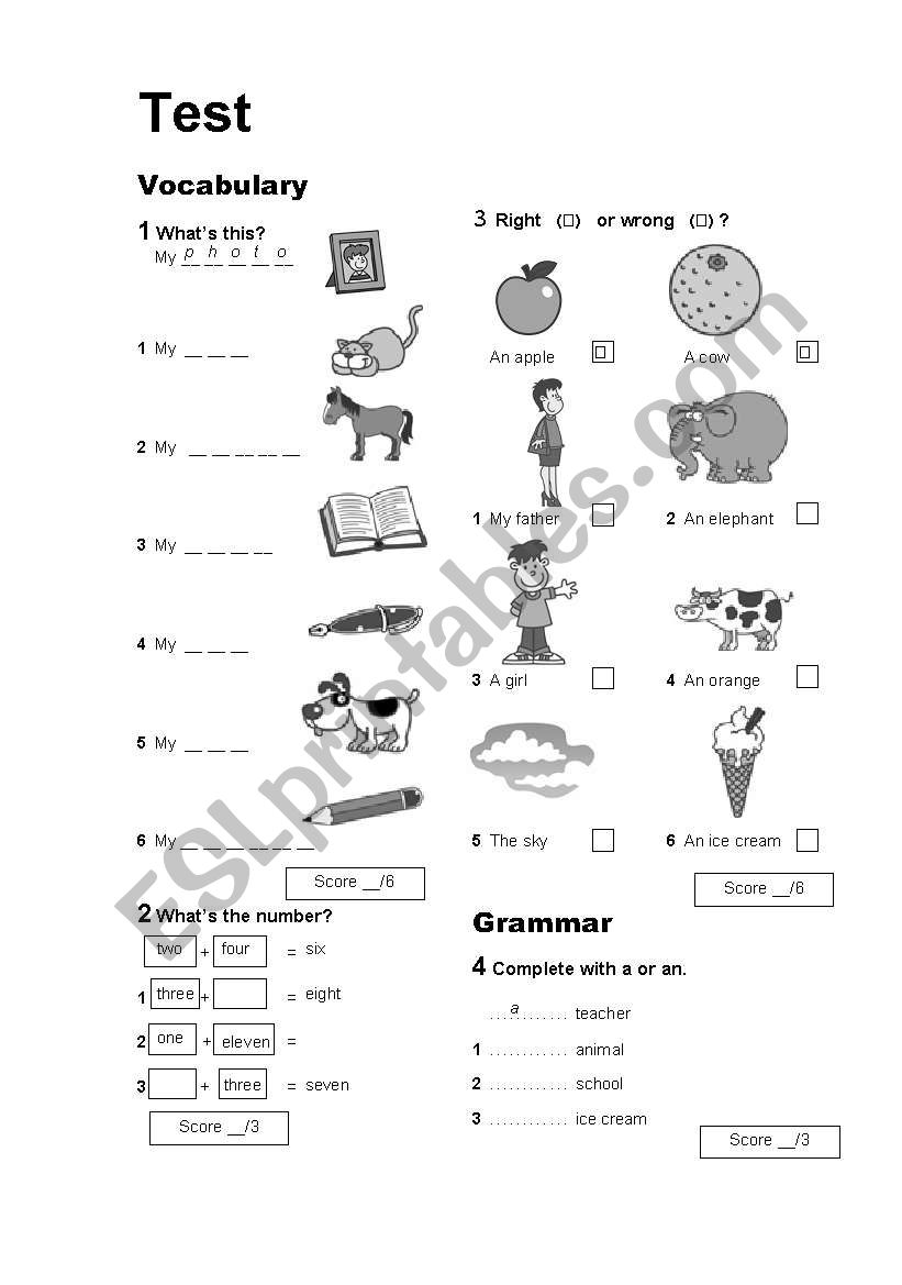 english elementary test worksheet