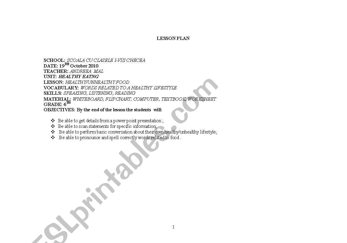 lesson plan 6th grade worksheet