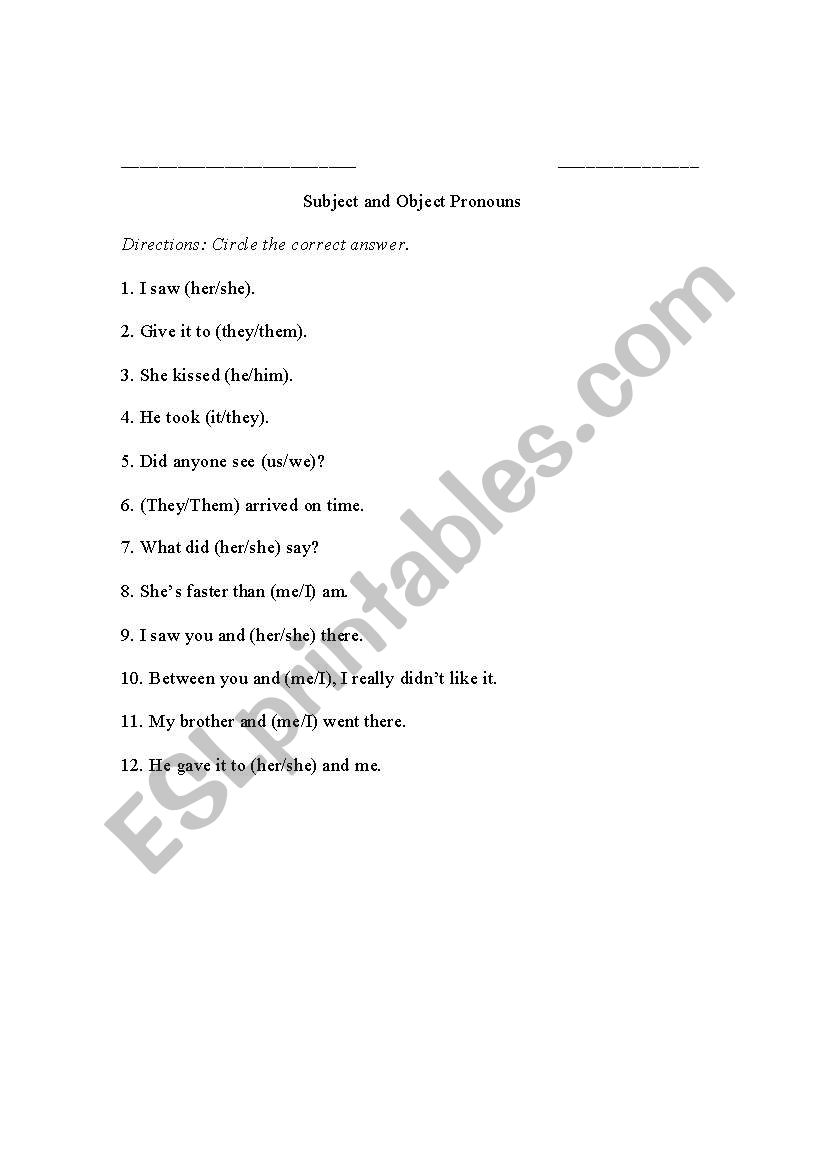 Subject and Object Pronouns worksheet