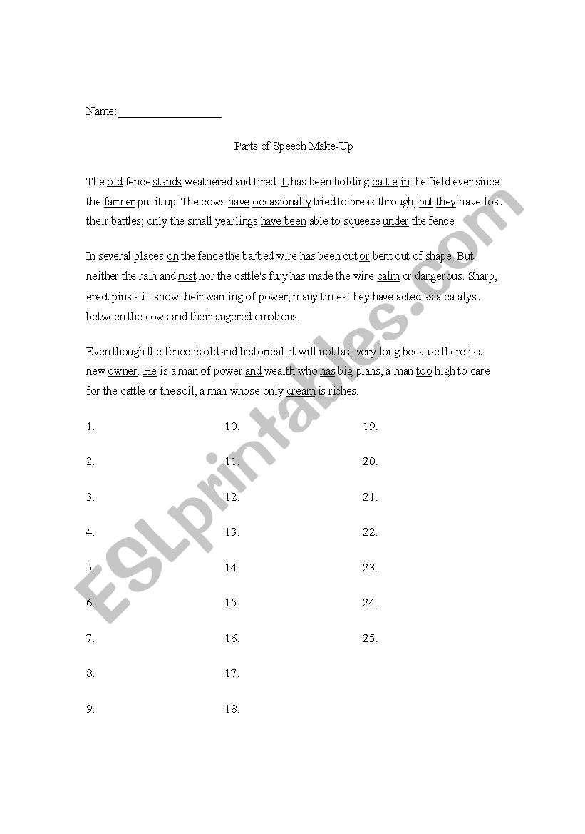 Parts of Speech Practice worksheet