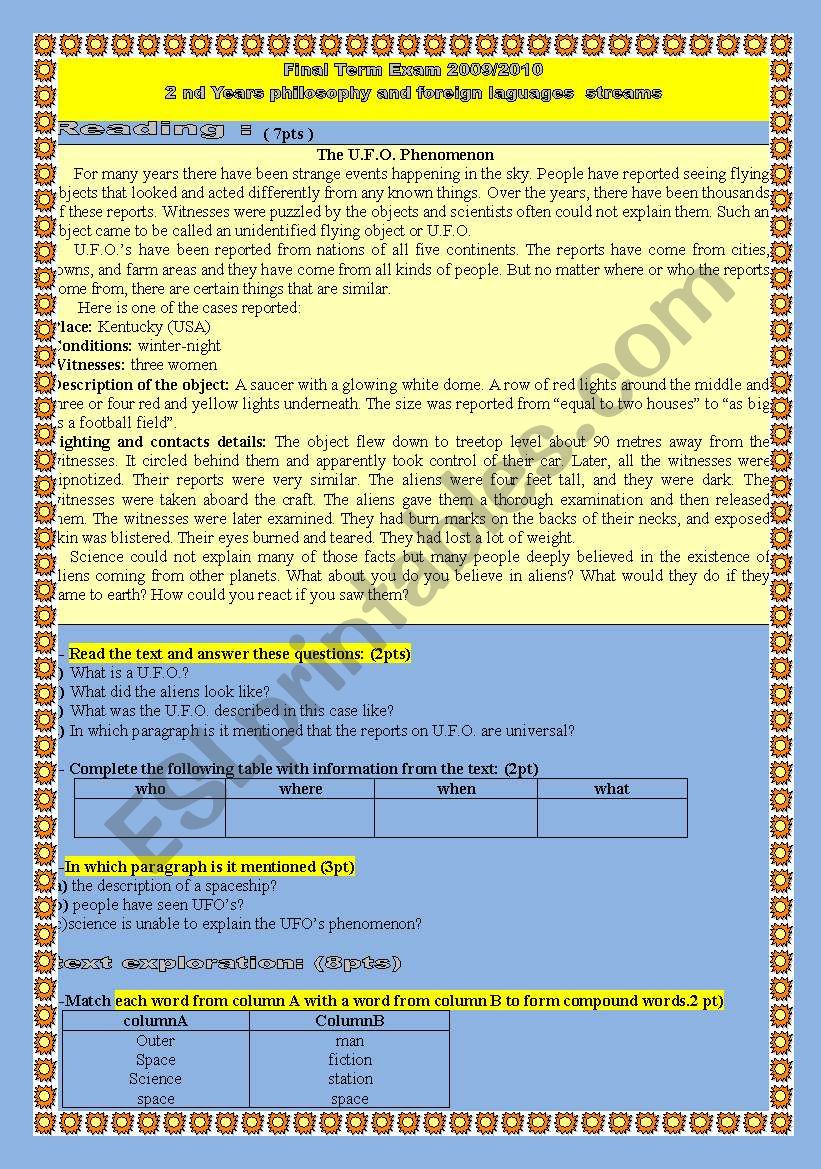 science or Fiction ( 3rd term exam - 2as  foreign languages) Algeria