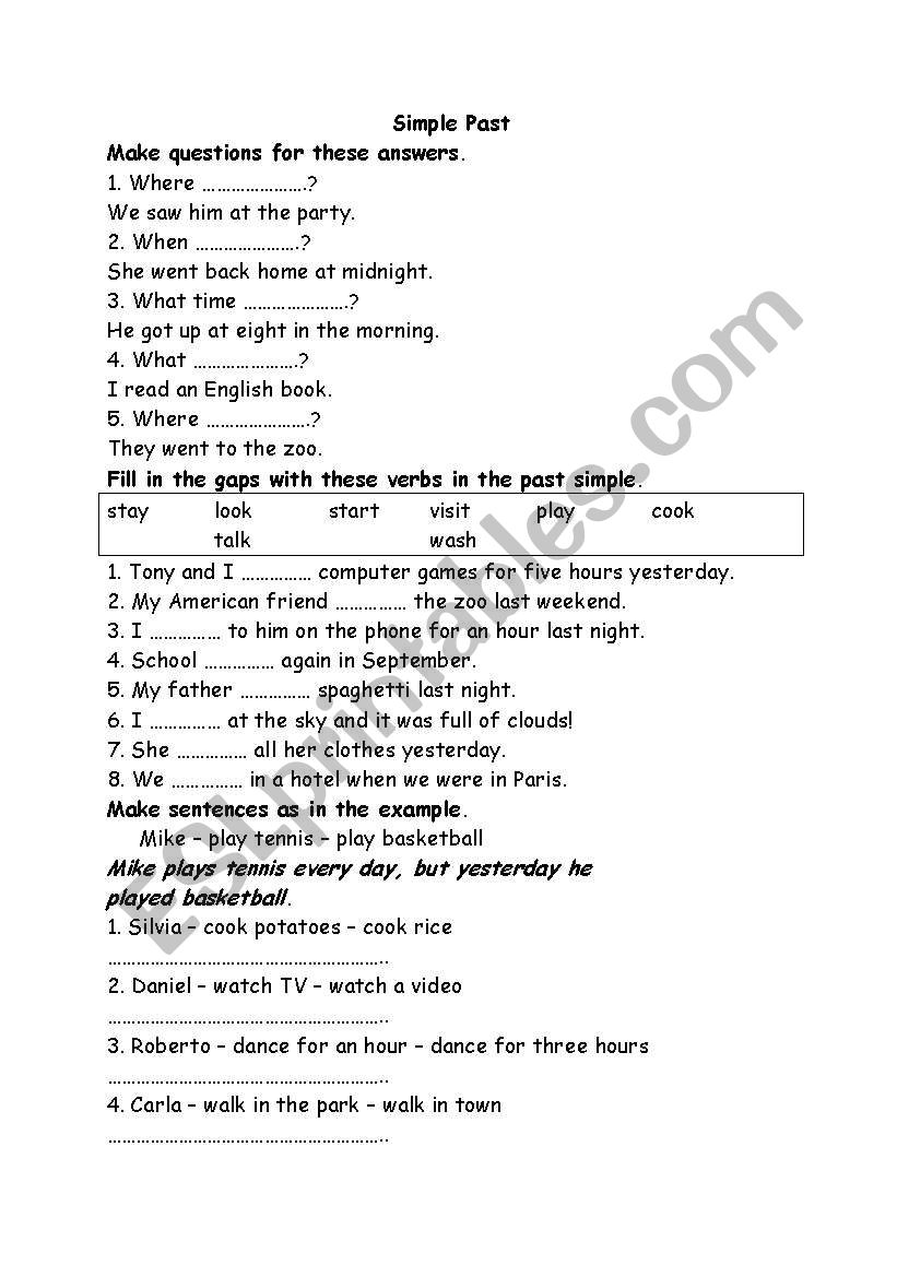 pastsimplehomework worksheet