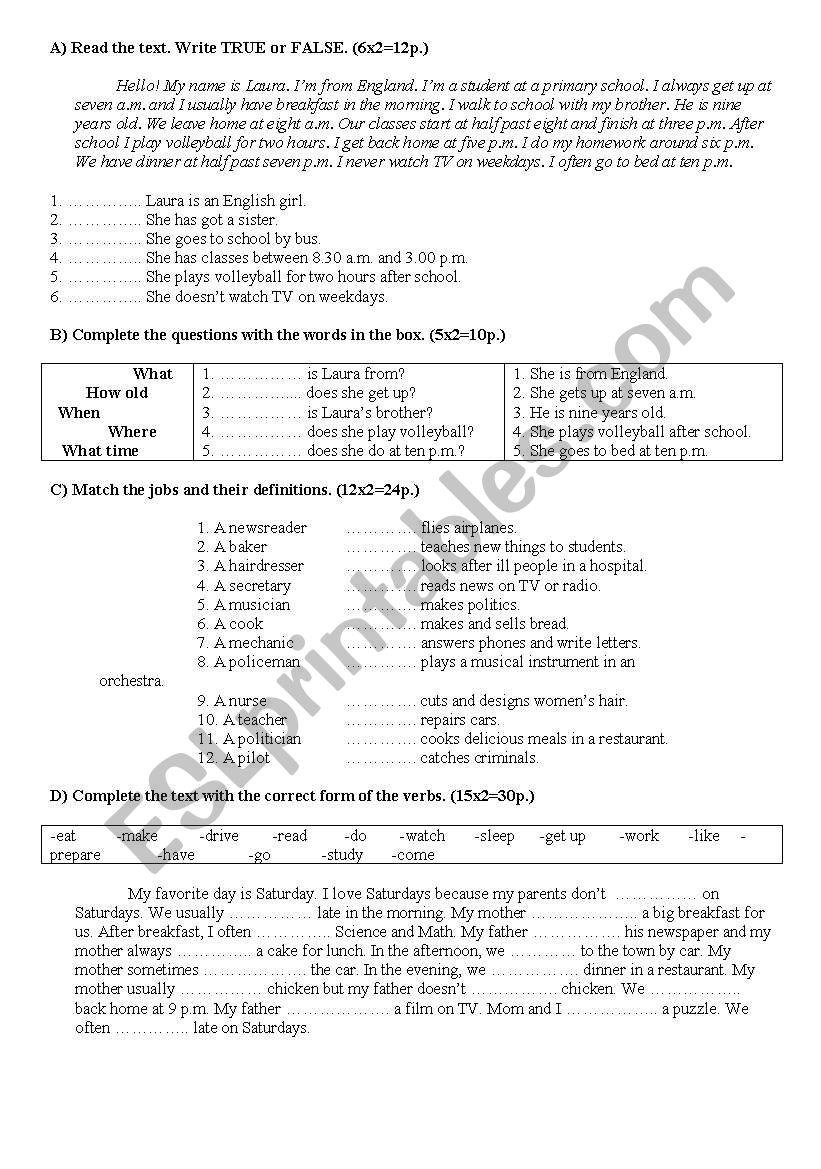 An Exam on the Simple Present Tense