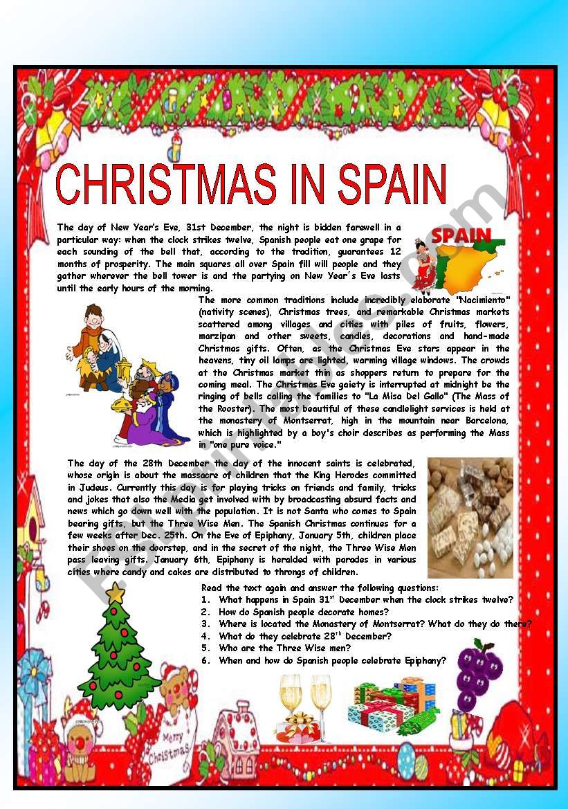 CHRISTMAS AROUND THE WORLD - PART 1 - SPAIN (B&W VERSION INCLUDED) - READING COMPREHENSION