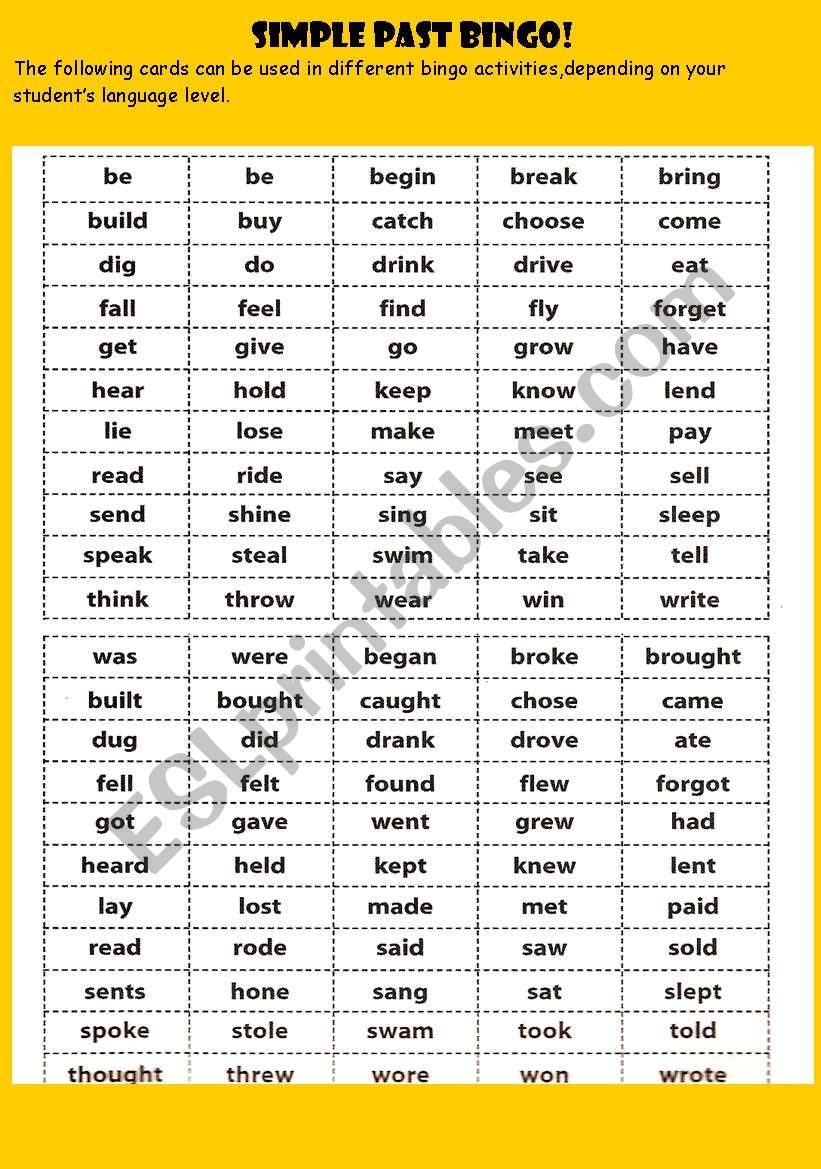 Simple Past BINGO CARDS!Ready to print & use!!