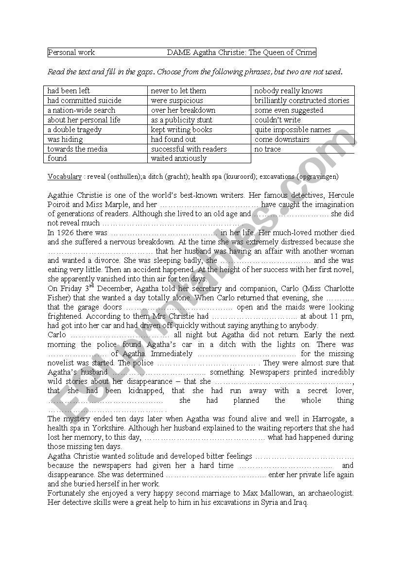Agatua Christie worksheet