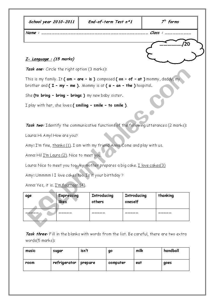 End-of-term test n°1 worksheet