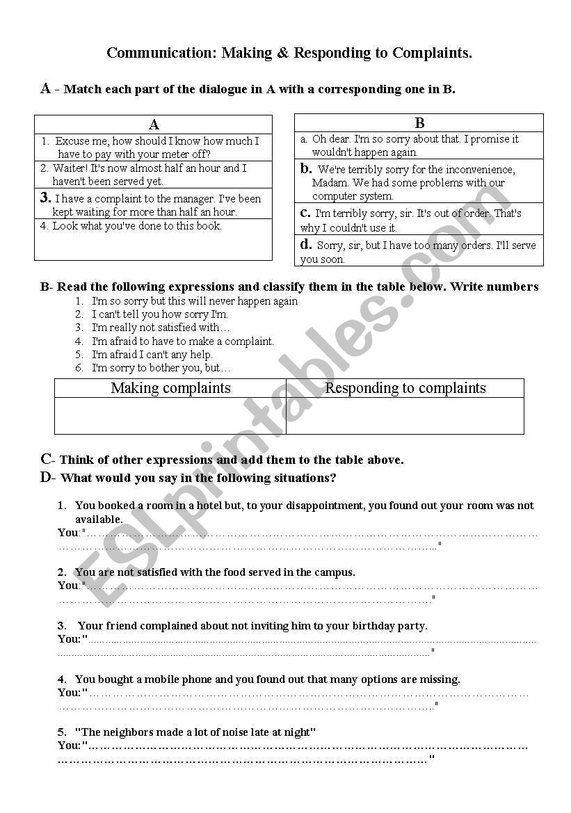 making complaint worksheet