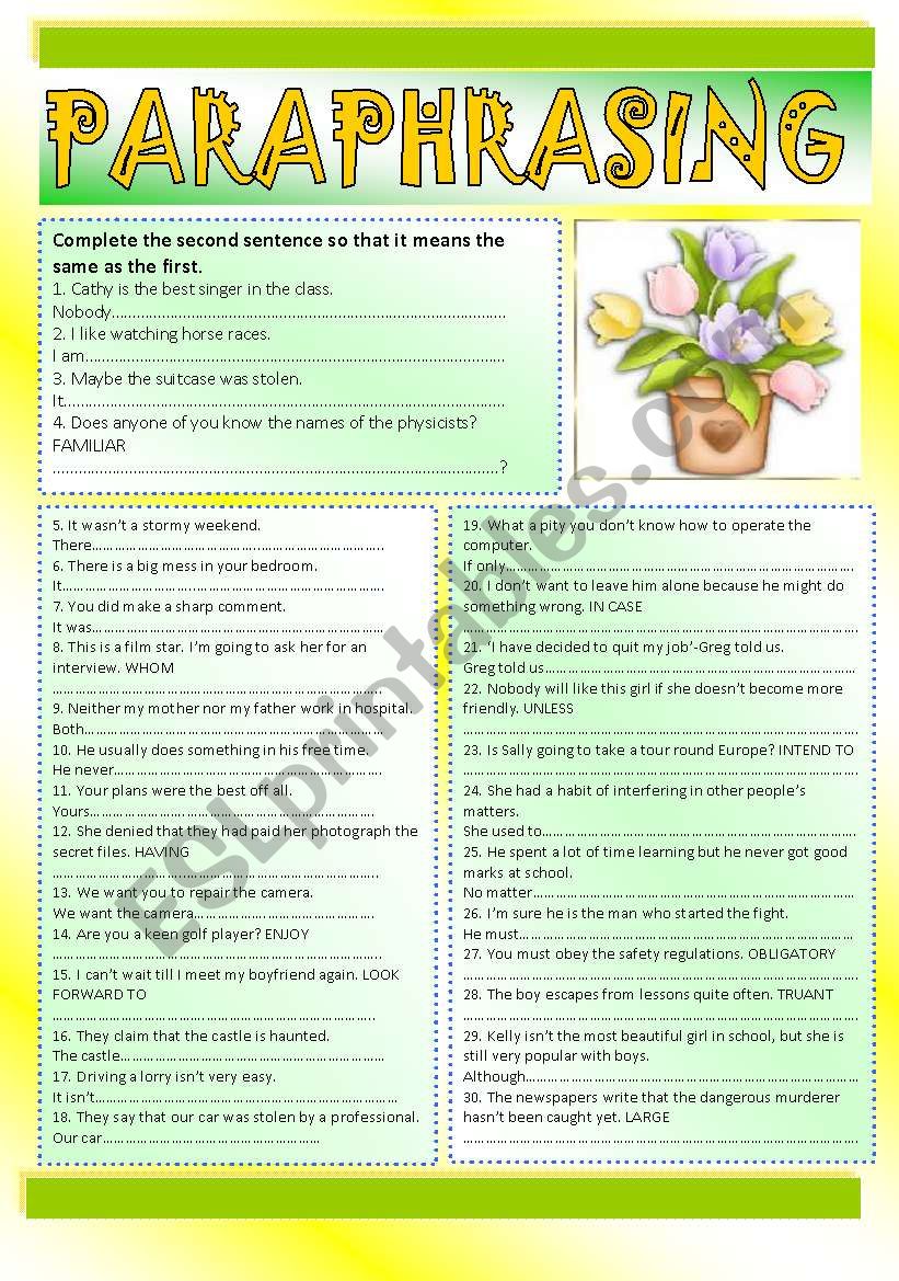 Paraphrasing + KEY worksheet