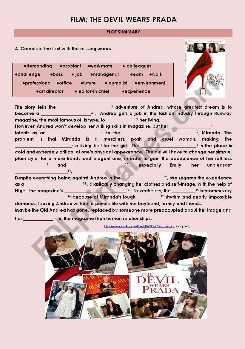 The Devil Wears Prada Plot Summary Gap-fill - ESL worksheet by anabelacdn