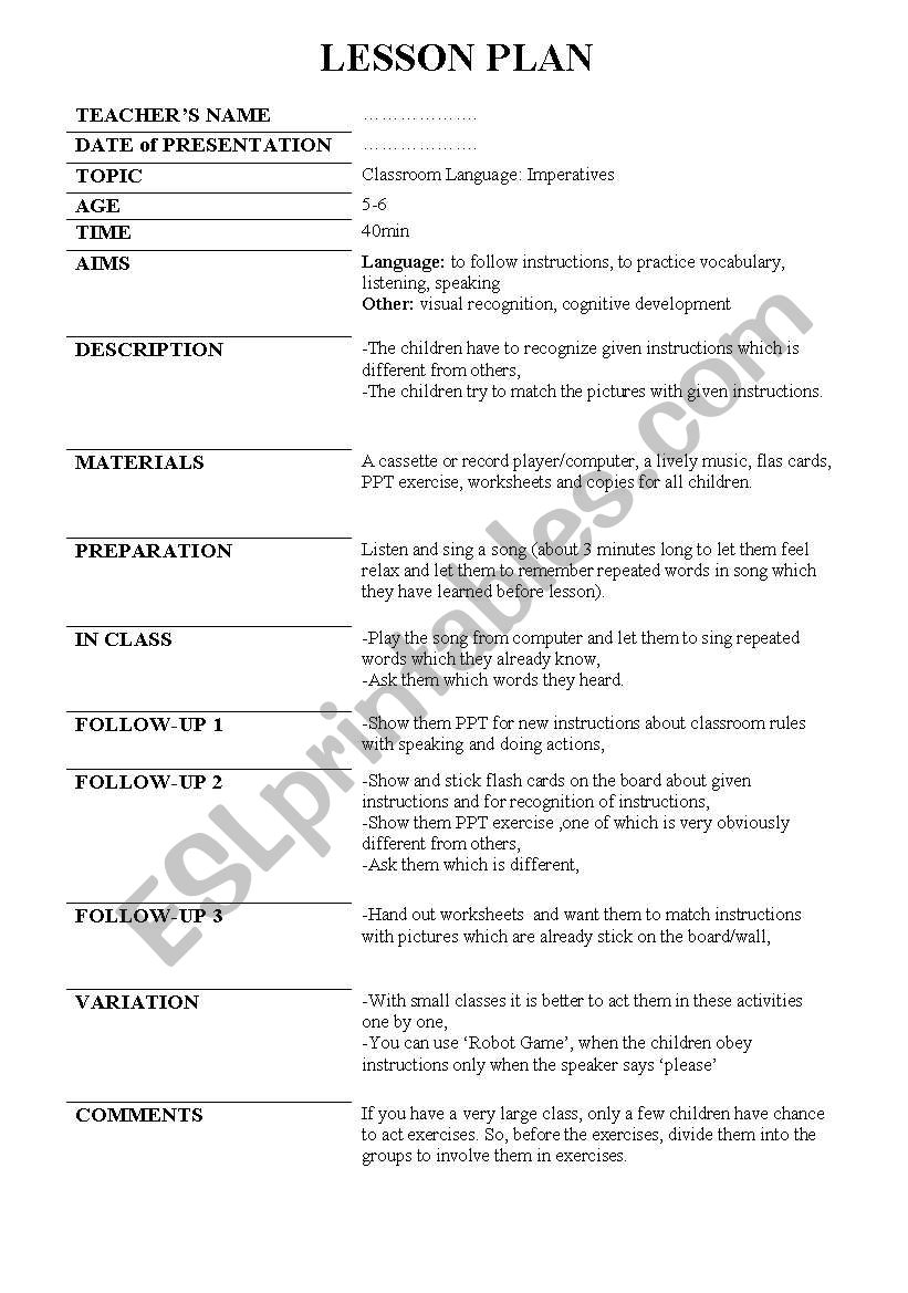 lesson plan of imperatives worksheet