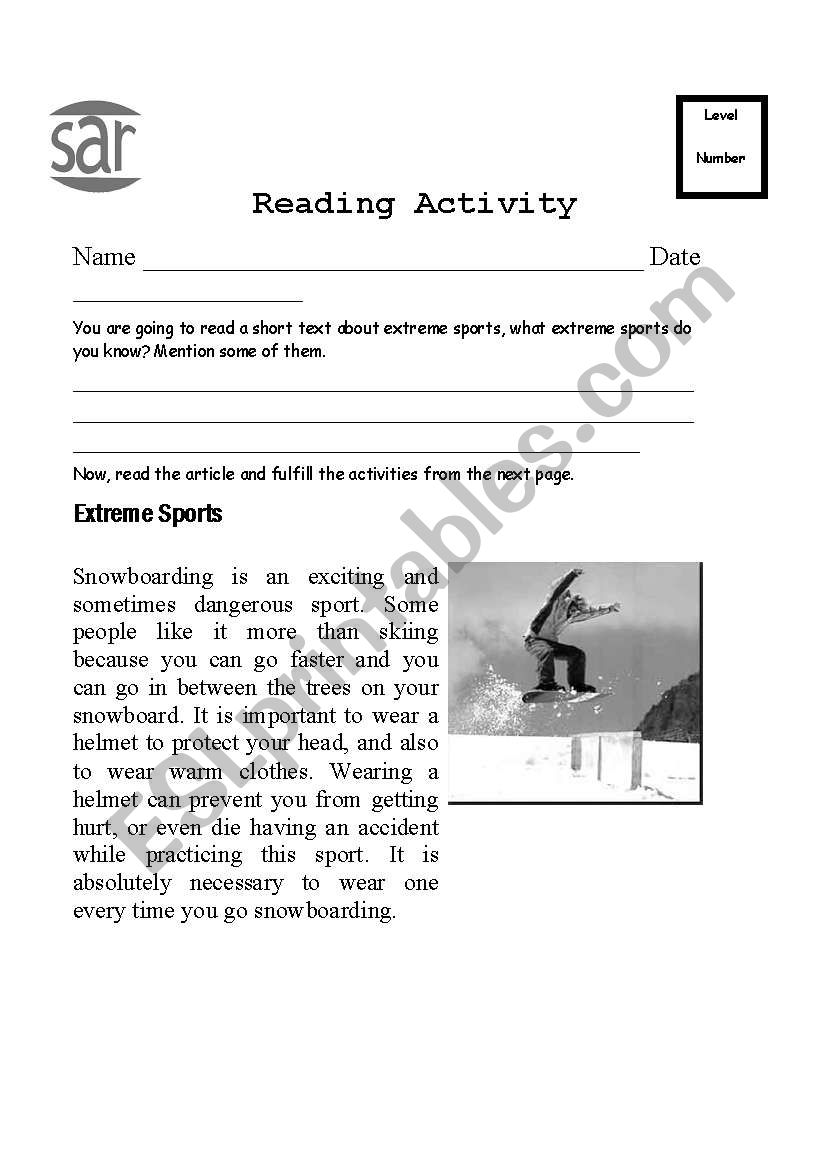 Extreme Sports Reading Comprehension