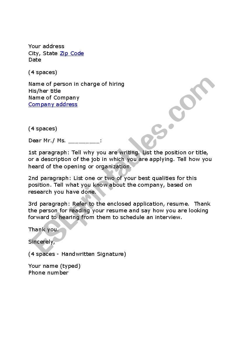 Job Cover Letter worksheet