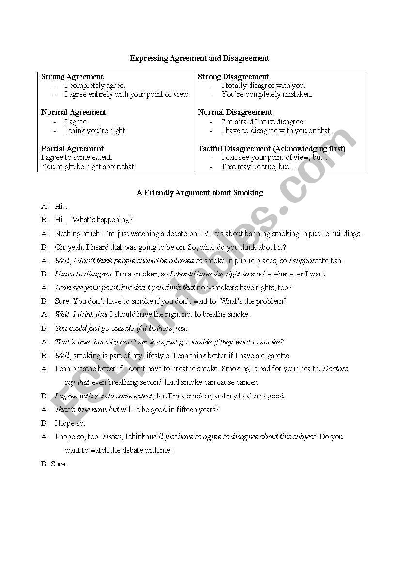 Agree and dis agree language worksheet