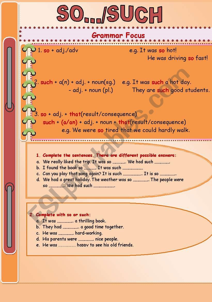 So / Such worksheet
