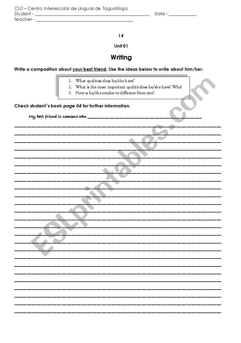 English worksheets: writing about your best friend
