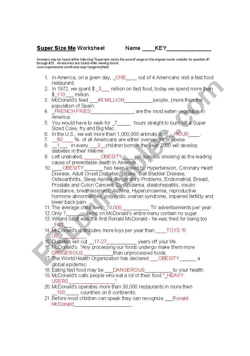 English worksheets: super size me Pertaining To Super Size Me Video Worksheet