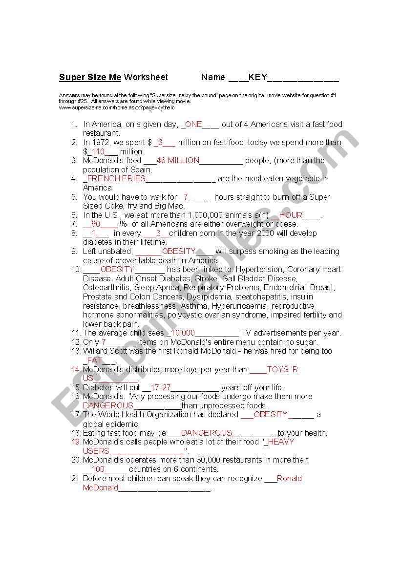 super size me  worksheet