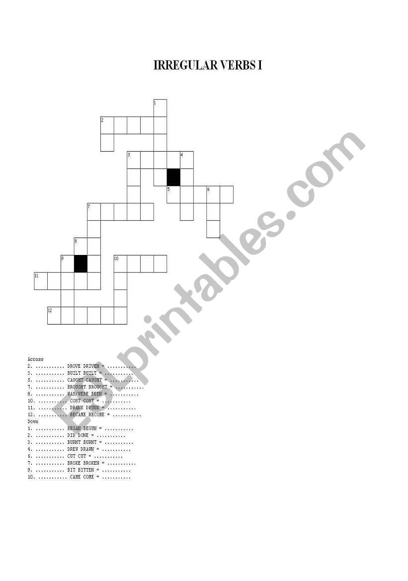 Irregular verbs crossword worksheet