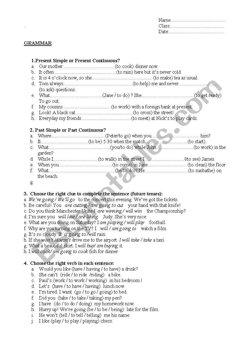 grammar test worksheet