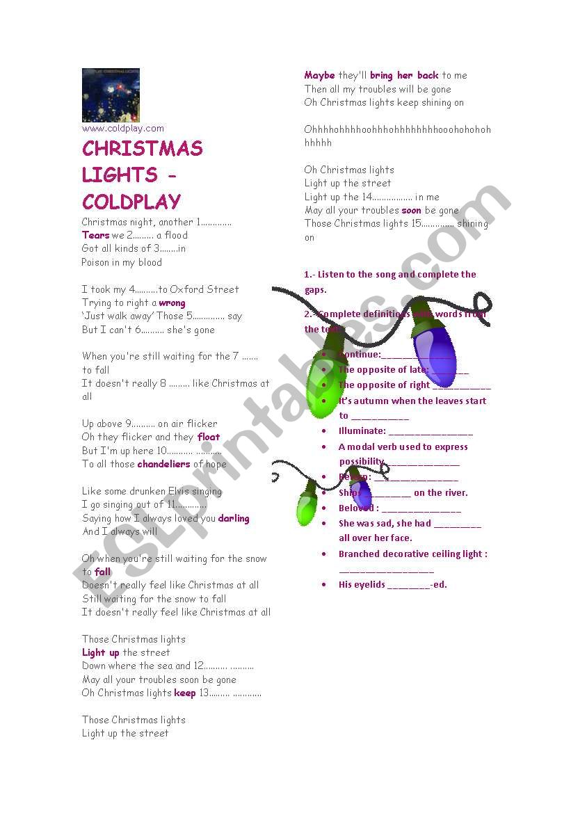 Christmas Lights - Coldplay worksheet