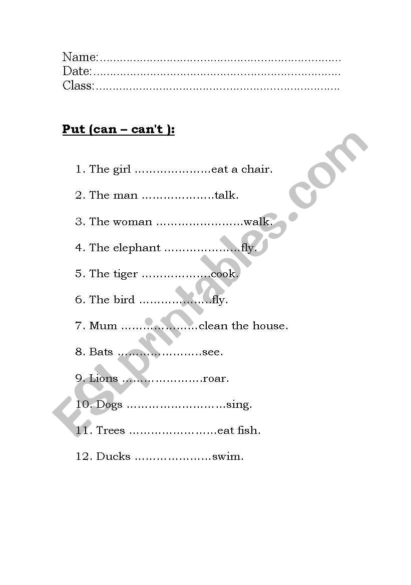 Can/Cant worksheet