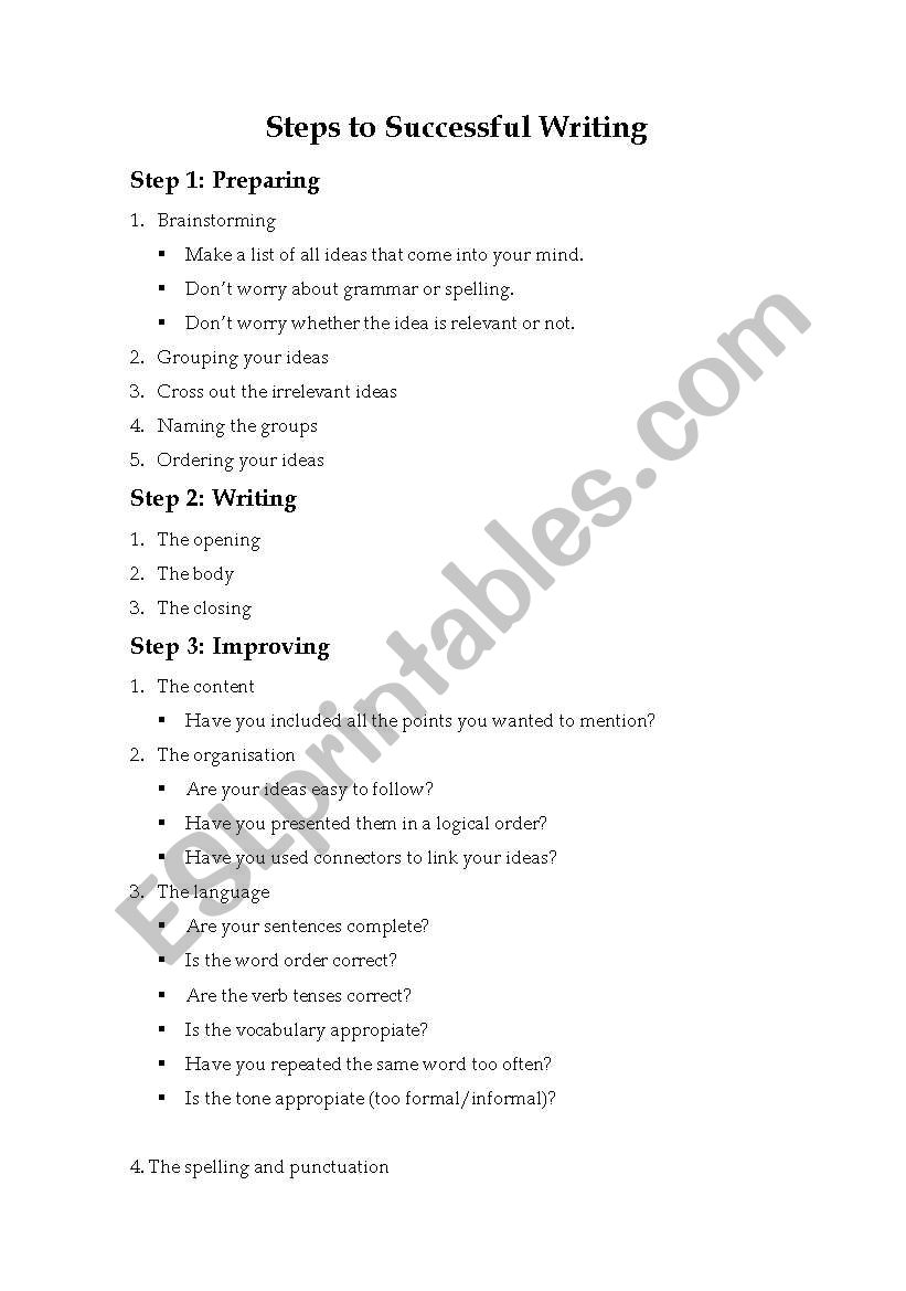 Steps to successful writing worksheet