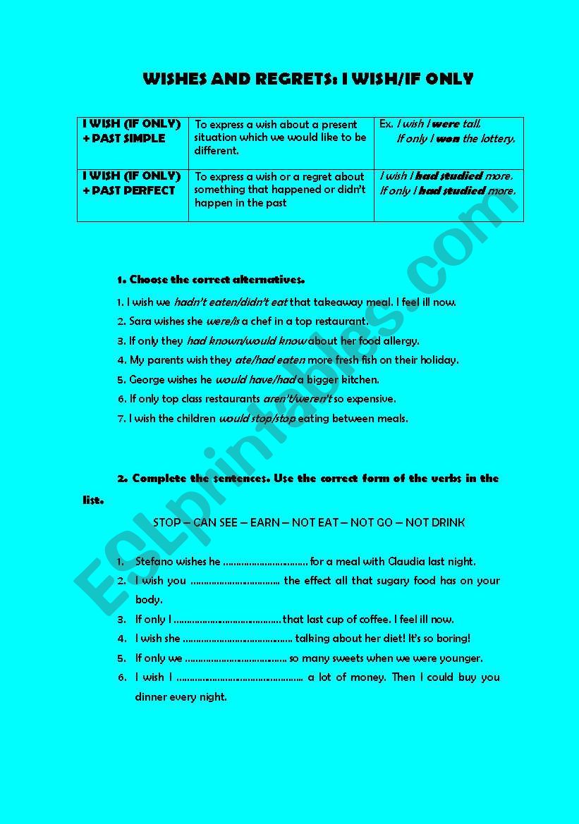 WISHES AND REGRETS worksheet