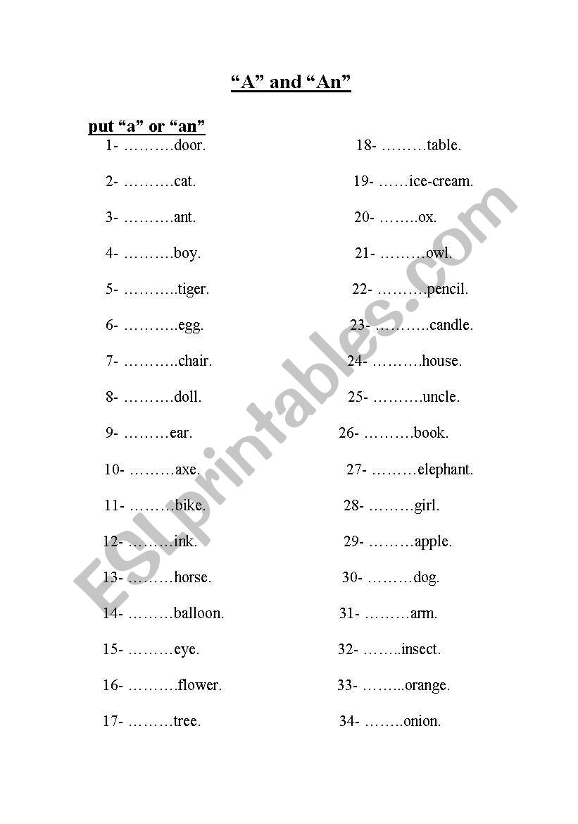 A/An worksheet