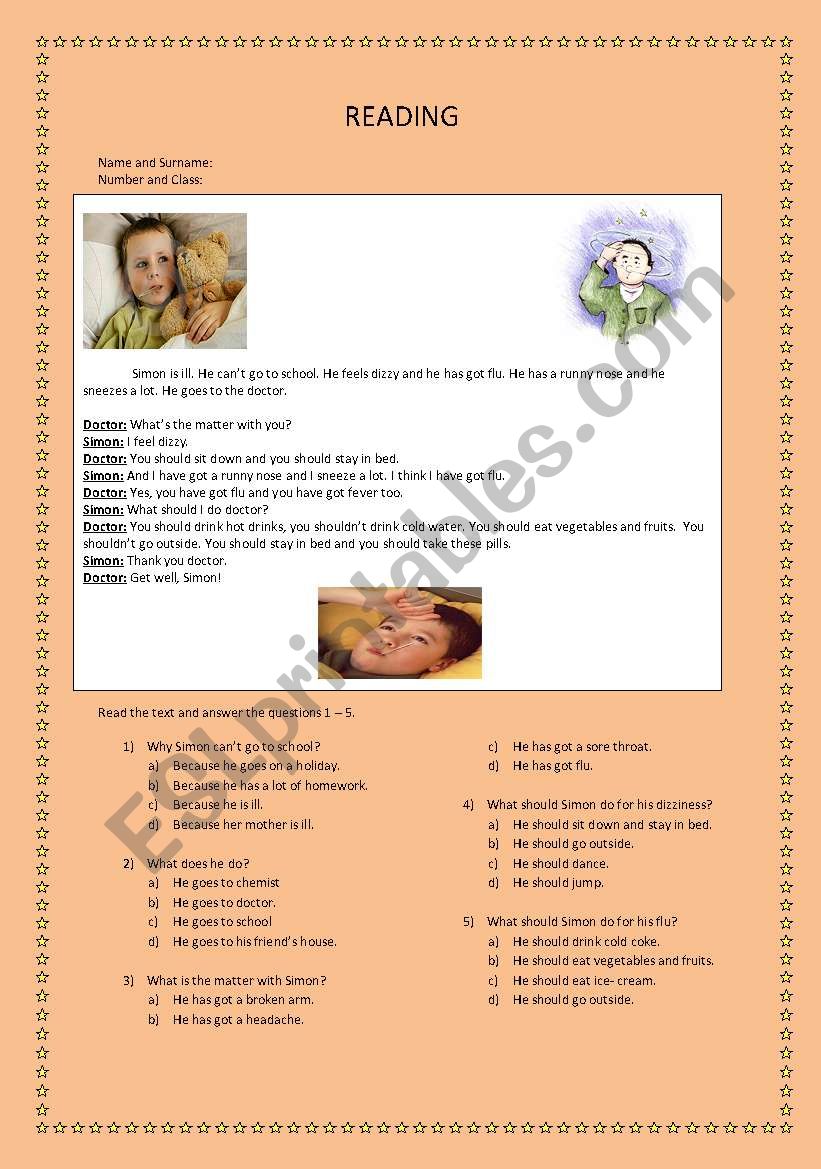 ILLNESS WORKSHEET & READING TEXT 