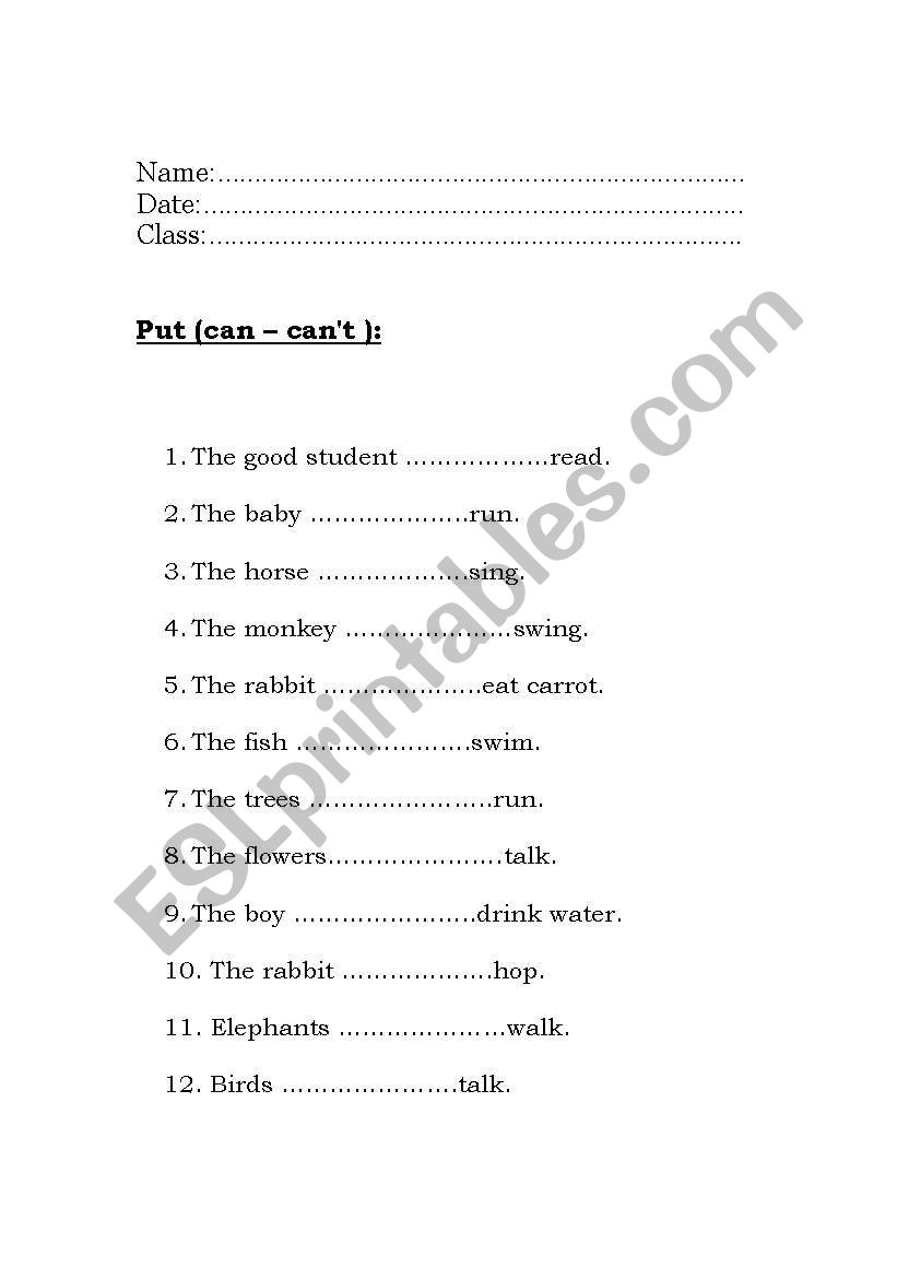 Can/Cant worksheet