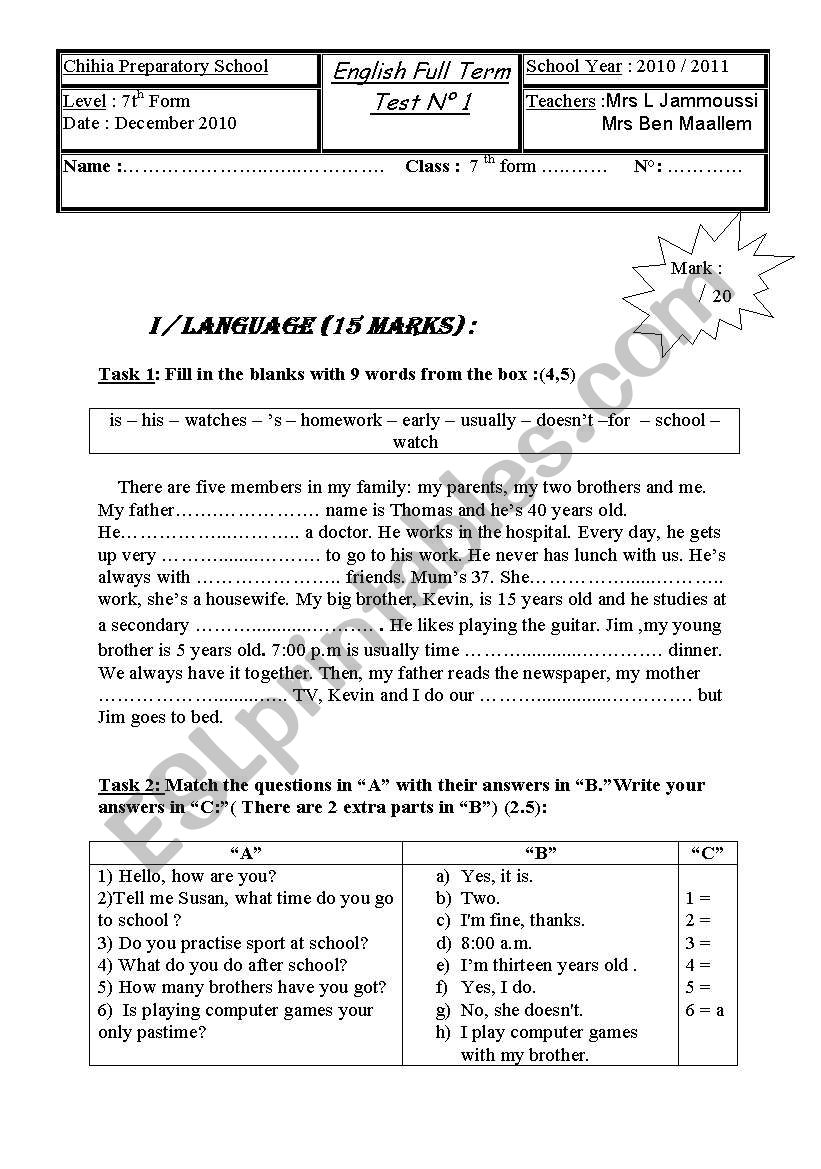 devoir de synthese n 1 worksheet