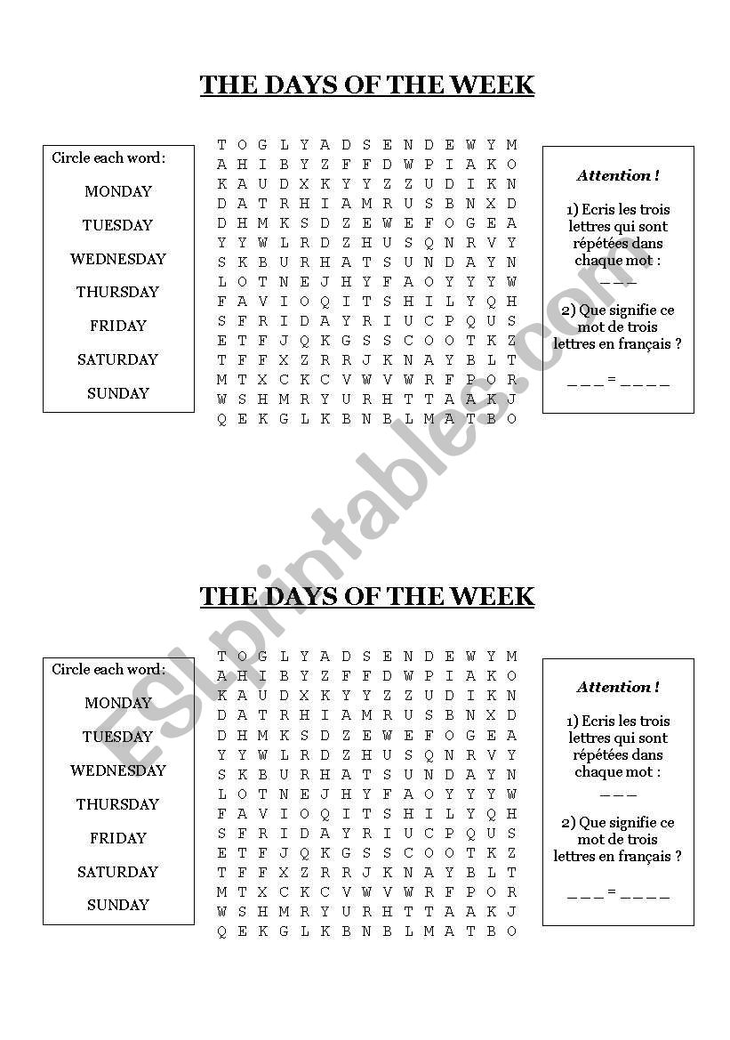 THE DAYS OF THE WEEK WORDSEARCH