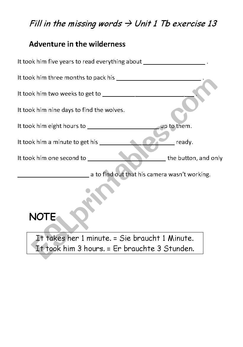 Adventure in the wilderness worksheet