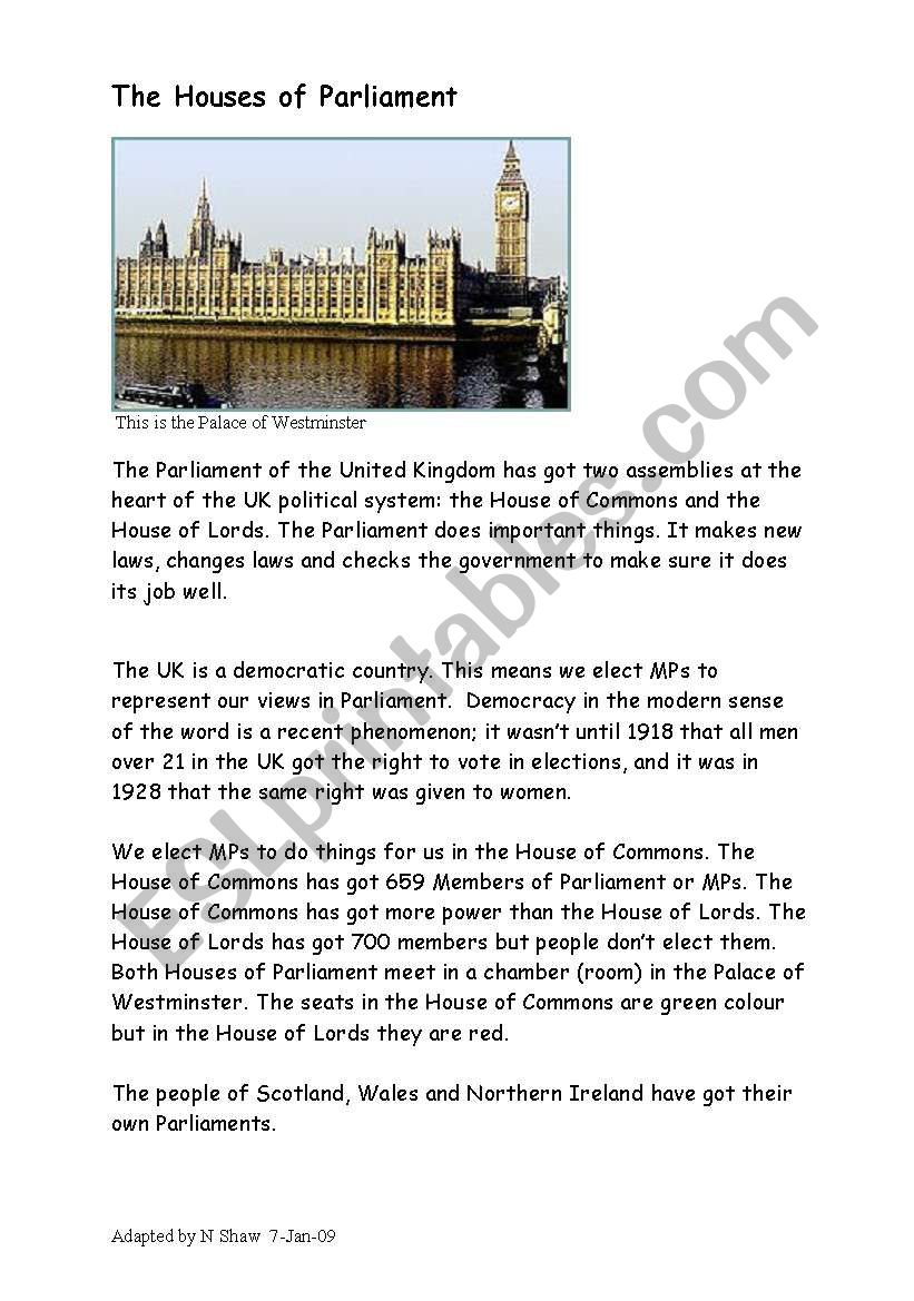 The Houses of Parliament worksheet