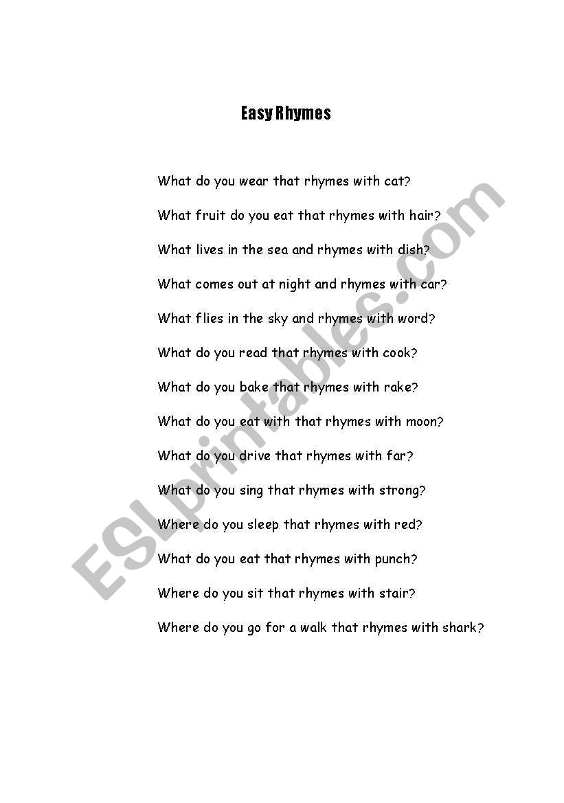 Easy Rhyme worksheet