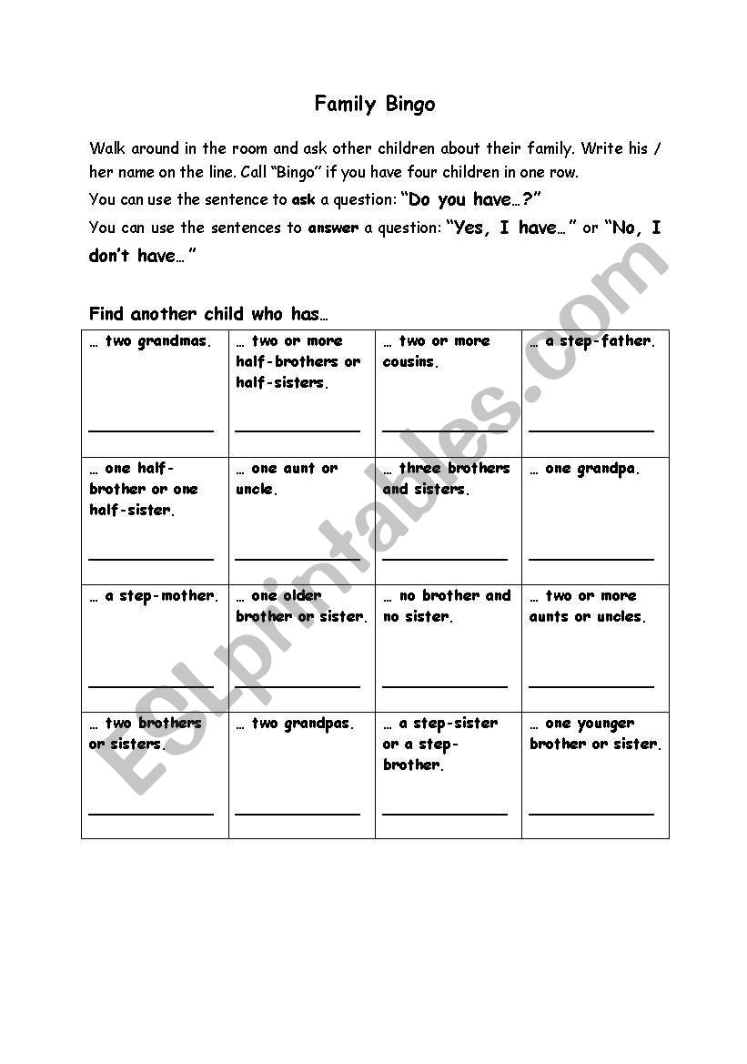 Family Bingo worksheet
