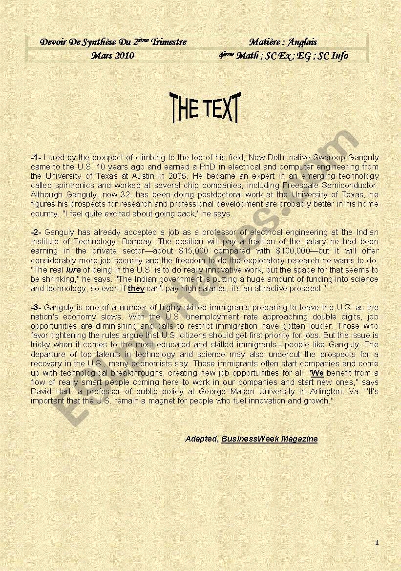 END OF TERM TEST N°2 4th FORM C CORE Tuinisian Curriculum ESL