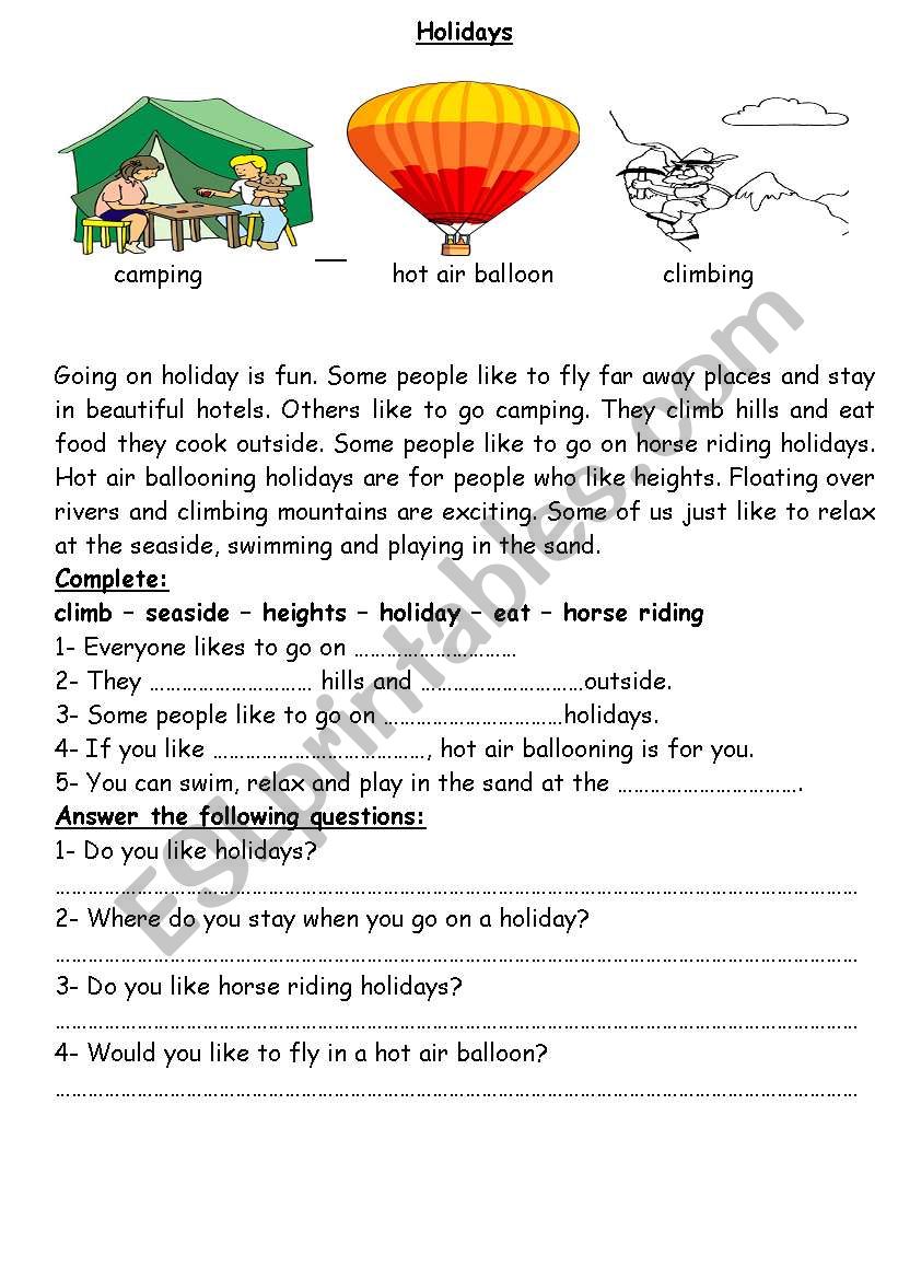 Holidays worksheet