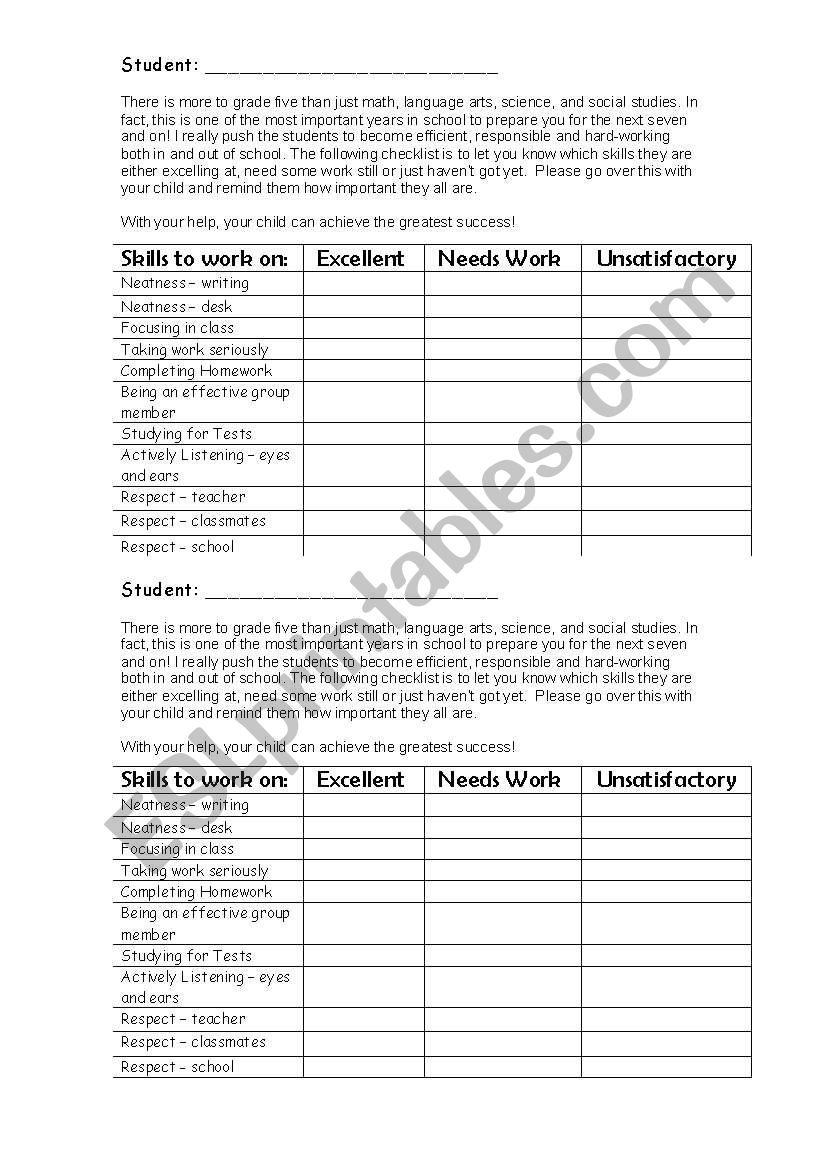 In class and at home skills checklist