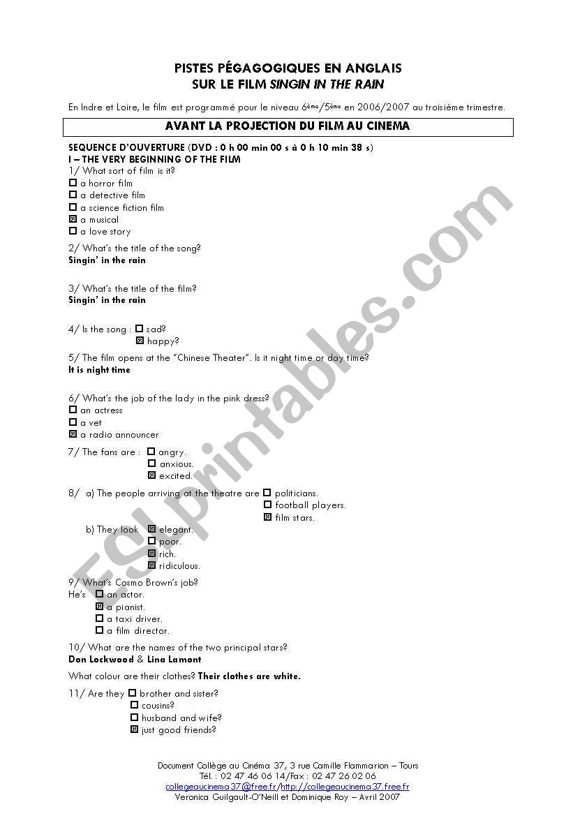 Singing in the rain worksheet