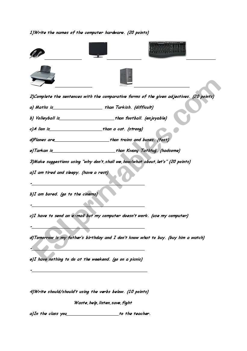 7th grade quiz paper worksheet