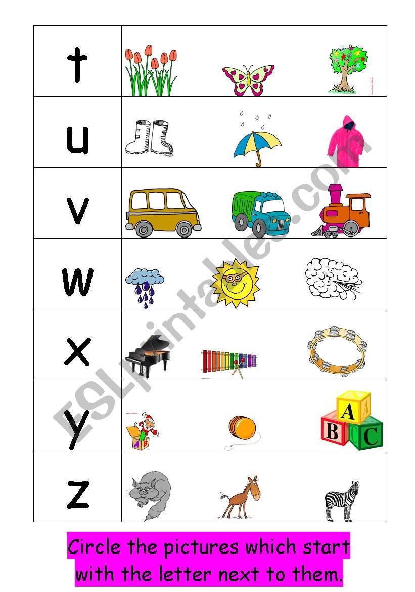 initial sounds from t - z worksheet