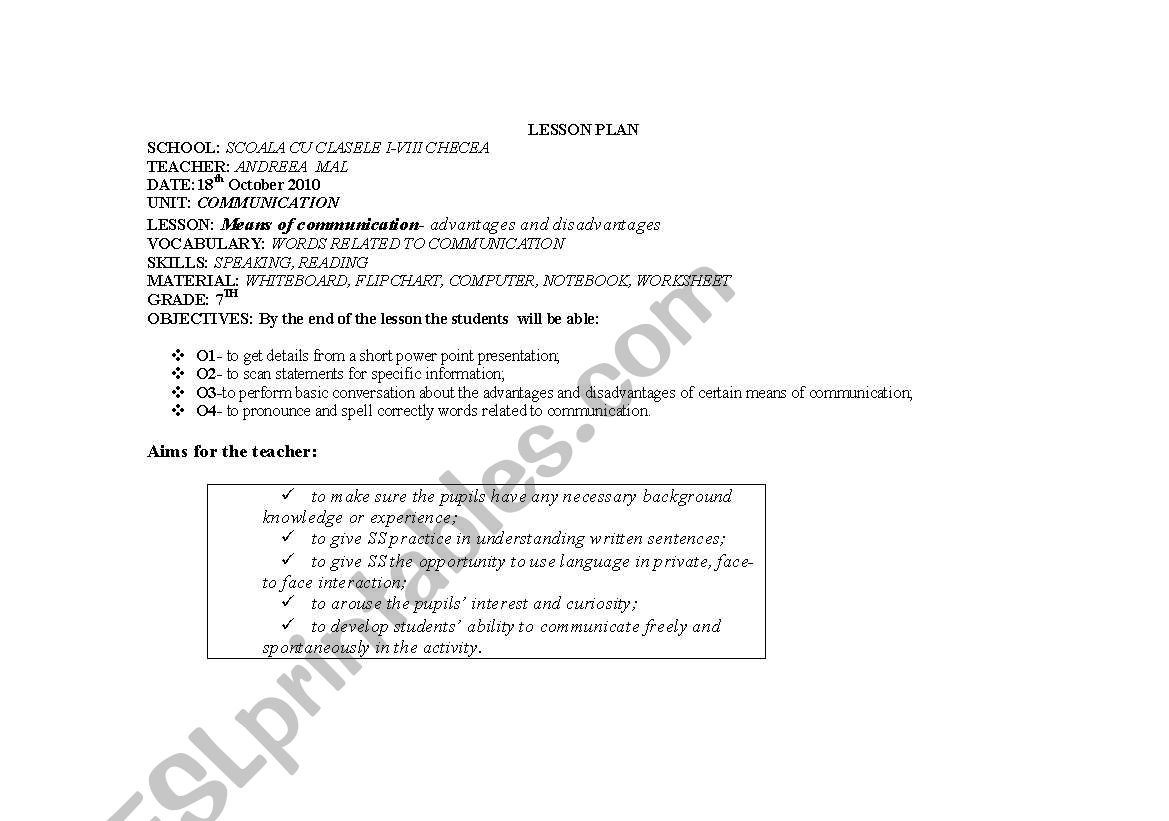 lesson plan 7th grade worksheet