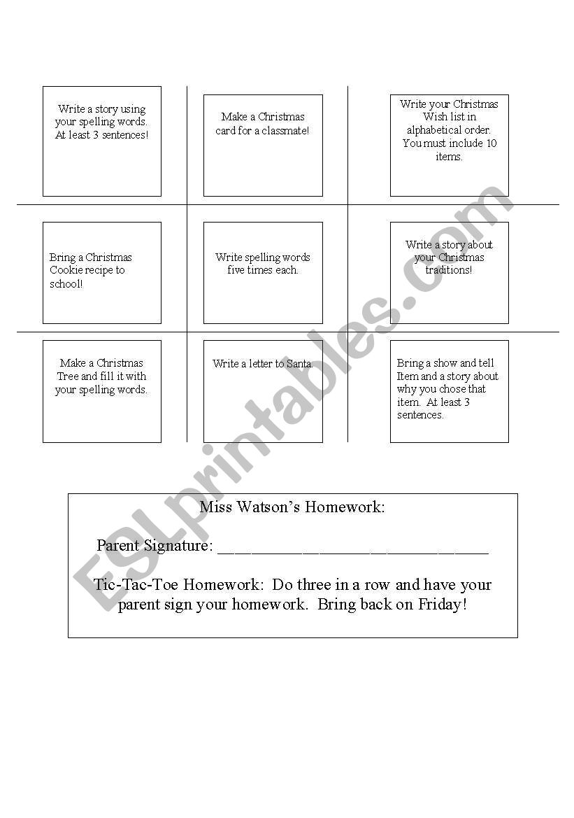 Tic-Tac-Toe Homework worksheet