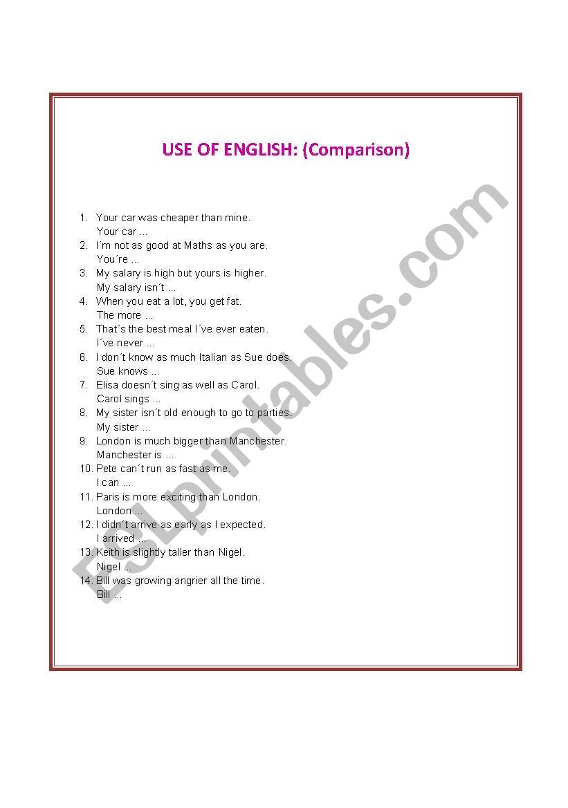 Rephrasings on comparison worksheet