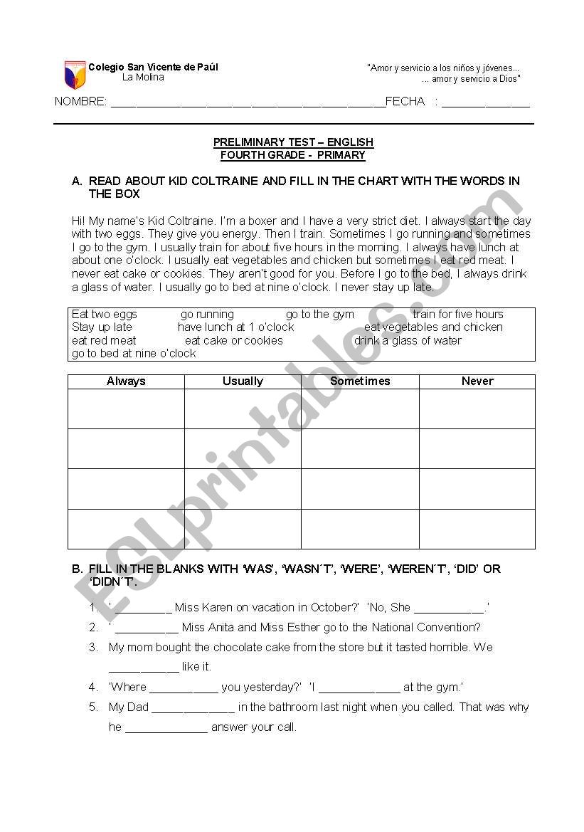 entry test 4th grade worksheet